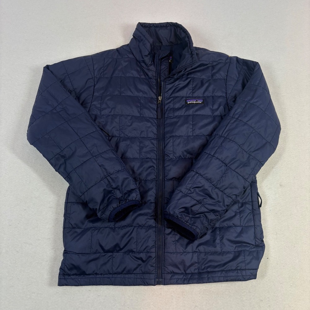 Patagonia Nano Puff Jacket Kids L 12 Navy Blue Quilted Insulated Hoodleas